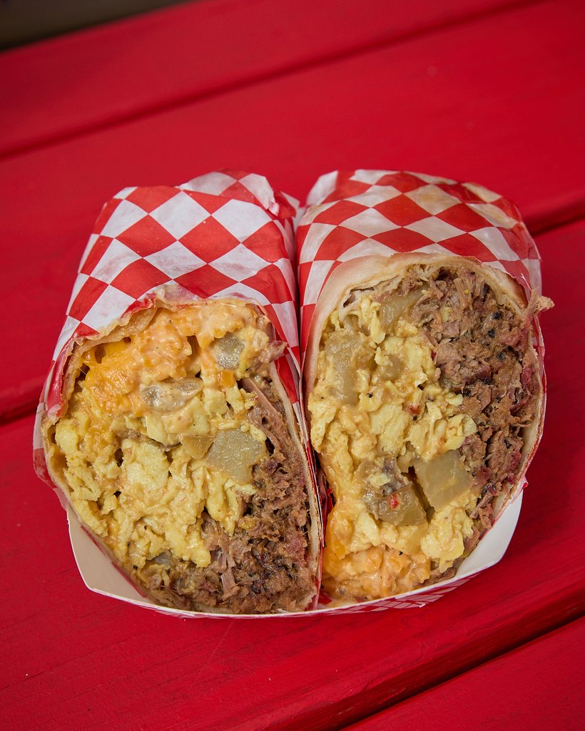 Big Honkin' Burrito stuffed with smoked brisket, egg, potato and cheese