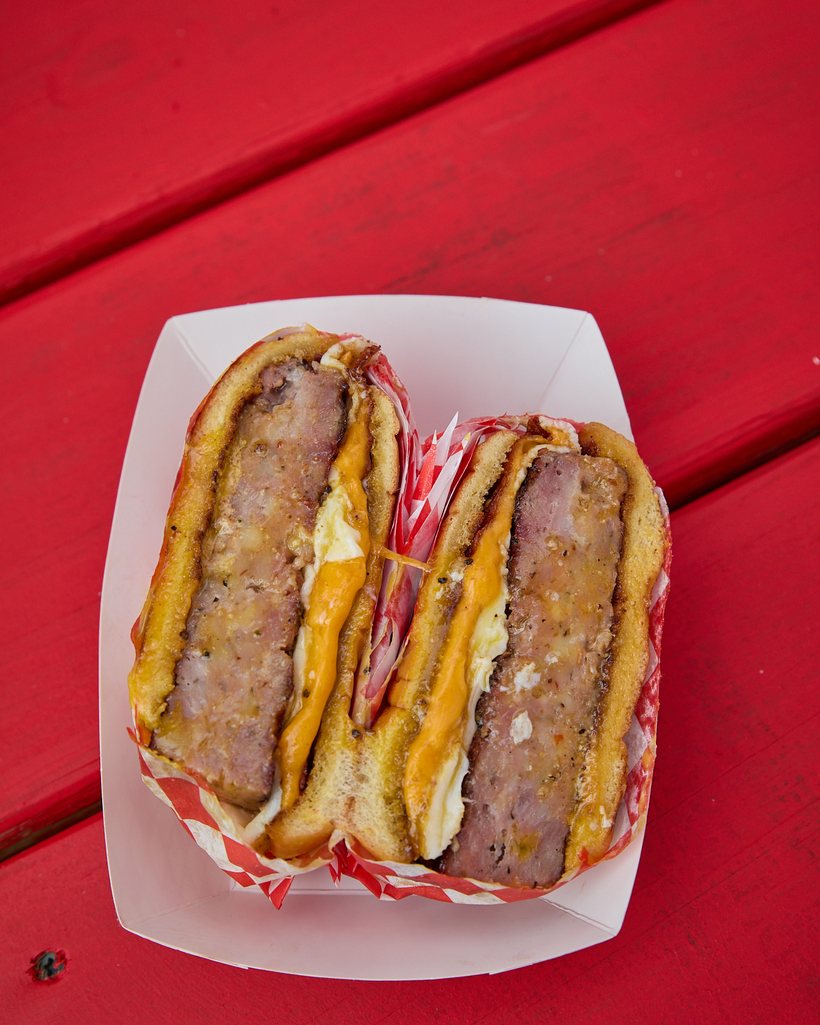 The Tallest Man breakfast sandwich on a bun